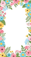 Floral frame background in flat vector illustration style, colorful flowers and green leaves around the edges, white center space, soft pastel color palette