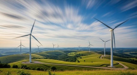 Wind turbines on rolling hills: sustainable energy landscape with moving clouds and turbine symmetry