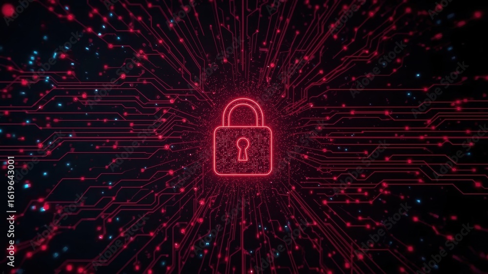 Poster cybersecurity technology. red digital lock icon with circuit lines rep