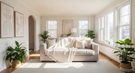 Fototapeta premium Sunlit modern living room with cozy sofa and indoor plants