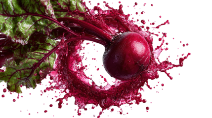Two halves of a fresh beet with red juice splash isolated on white background