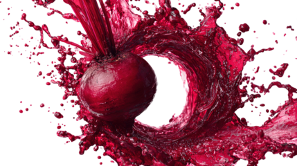Two halves of a fresh beet with red juice splash isolated on white background