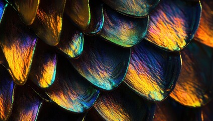 Close-up view of iridescent, layered scales
