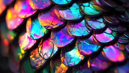 Close-up of iridescent, overlapping scales, vibrant colors
