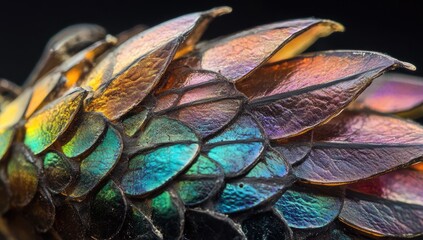 Close-up of iridescent insect wings.  Intricate, colorful, and detailed scaled insect wings, showcasing a range of vibrant hues