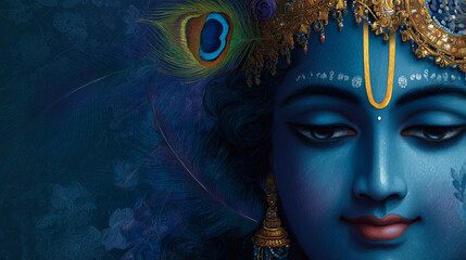 Lord Krishna, close-up face with peacock feather crown, blue skin, divine smile, smooth gradient background