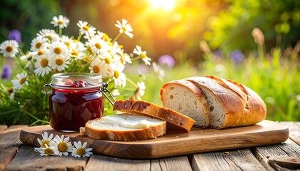 Fresh bread, jam, and flowers in a sunny garden setting
