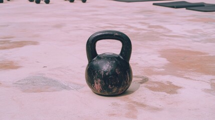 Fototapeta premium Dark gray kettlebell on a light beige concrete surface.