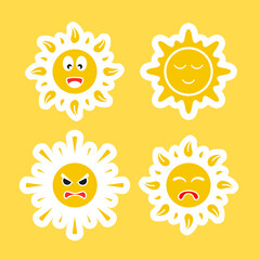 Set of sun emoticons with different expressions on yellow backdrop