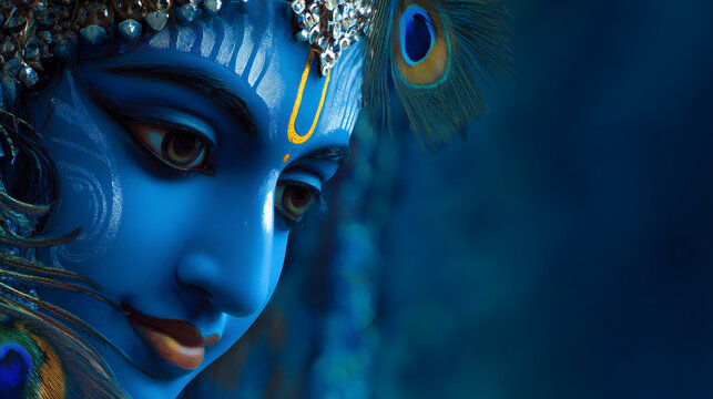 Lord Krishna, close-up face with peacock feather crown, blue skin, divine smile, smooth gradient background