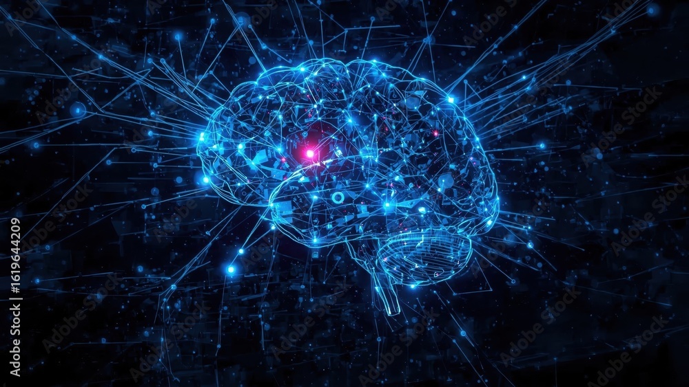 Poster intelligent automation. futuristic blue digital brain with neural netw