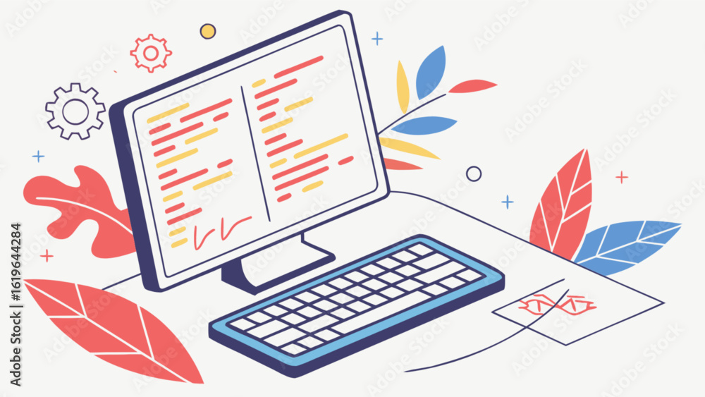 Poster illustration of a computer with code on the screen, keyboard, and leaves on a desk, representing sof