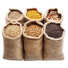 Fototapeta premium Variety of Grains and Seeds in Burlap Sacks: Agriculture, Farming, and Food Production