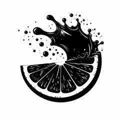 Obraz premium Monochrome depiction of a sliced citrus fruit, with a splash of juice bursting upwards and droplets around