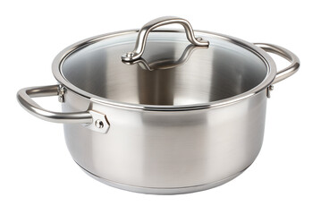 A shiny stainless steel cooking pot with a clear glass lid is isolated on a transparent background, ideal for PNG use.