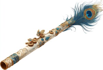 Beautiful flute with gold and silver embroidery and peacock feather, lord Krishna flute isolated on white background, generative ai. High quality