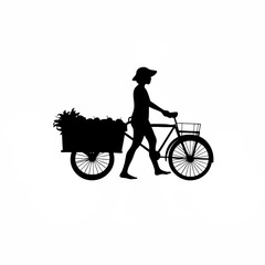 Obraz premium Silhouette of street vendor pulling fruit cart on white background