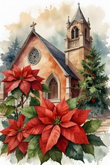 Poinsettia in a church setting for a holiday service in watercolor style