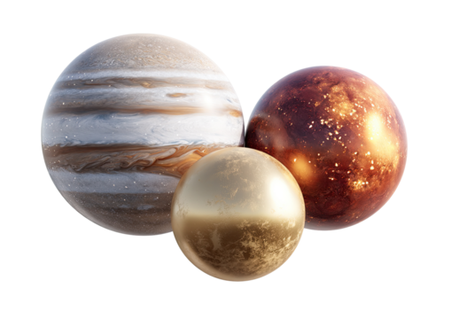Three stylized planets, varying in color and texture - Powered by Adobe