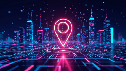 Vibrant neon location pin illuminates futuristic digital cityscape with glowing data streams and abstract network lines