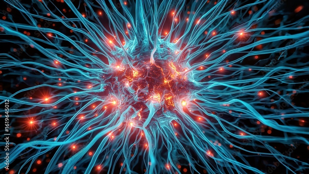Poster nerve block. abstract blue neuron network glowing with red synapses br