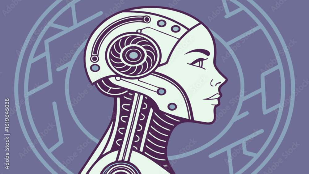 Poster illustration of a futuristic female robot with a complex head and neck design, showcasing artificial