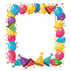 Obraz premium Birthday celebration frame background in flat vector style, balloons, confetti, party hats forming a festive border, bright colors, white center