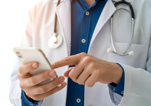 Professional doctor using smartphone for telemedicine consultation in modern healthcare facility