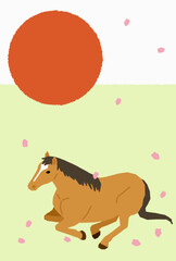 2026年午年の和風年賀状、馬と桜