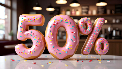 Sweet 50% off sale announcement using delicious donuts with pink frosting and colorful sprinkles