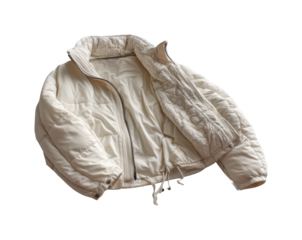 Stylish white puffer jacket displayed on a for fashion enthusiasts isolated on transparent background, png