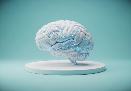 Futuristic white brain model with glowing blue circuits on a minimalist stand, symbolizing intelligence and technology.