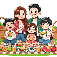 Cartoon Family Enjoying a Picnic with Food and Drinks on Blanket
