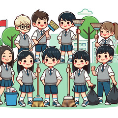 Cheerful Students Cleaning Up School Yard with Brooms and Garbage Bags