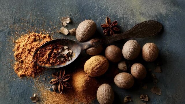An artistic arrangement of nutmeg seeds and their aromatic powder presents an organic touch celebrating the connection between nature and the culinary world ideal for food styling and