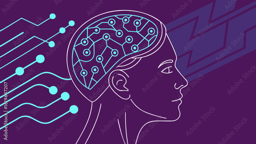 Poster artificial intelligence concept with human head and brain circuit, representing machine learning, ne