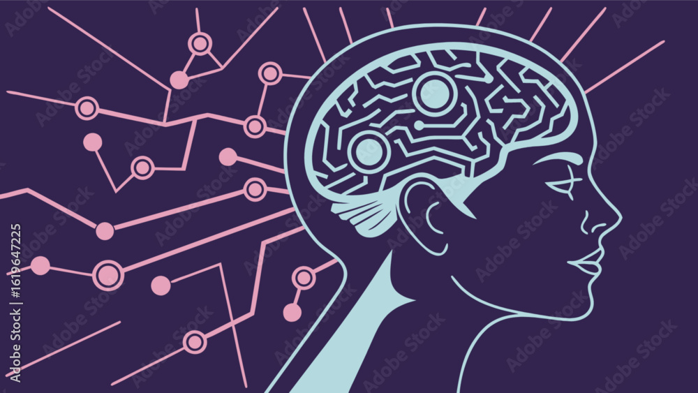Poster artificial intelligence concept with human head and brain circuit, representing machine learning, ne