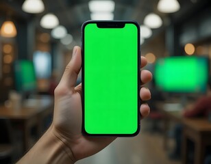 Modern smartphone with vibrant green screen held up in bright office space ready for app promotion