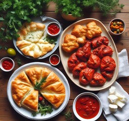 Traditional Balkan food beautifully arranged on a rustic wooden table, top-down view — includes burek, ajvar, cheese, olives, bread