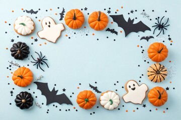 Fototapeta premium Halloween festive frame with pumpkins bats and ghost cookies on blue background