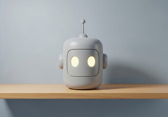 Friendly cartoon robot with glowing eyes sits on a wooden shelf, representing AI and technology.