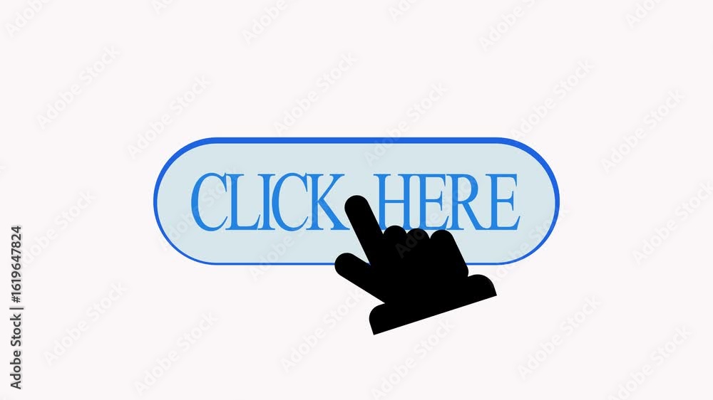 Poster website interaction animation featuring click here button and cursor. animated graphic featuring cli