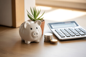 White ceramic piggy bank with coins and calculator on wooden desk saving money