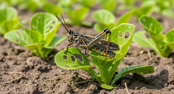 A grasshopper sits on a damaged lettuce plant in a field.