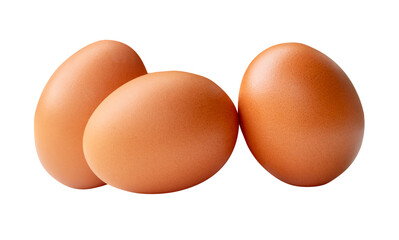 Three brown chicken eggs in stack isolated with clipping path in png file format