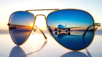 Tableau sur plexiglas Réflexion Dreaming of adventure see your next journey reflected in stylish aviator sunglasses at golden hour  © DAYA-DAKSH