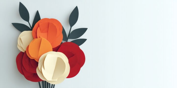 National Rose Month. Colorful paper flower bouquet with simple leaves on light background