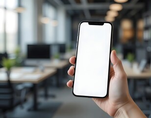 Modern smartphone with blank screen held in office for app or website mockup presentation