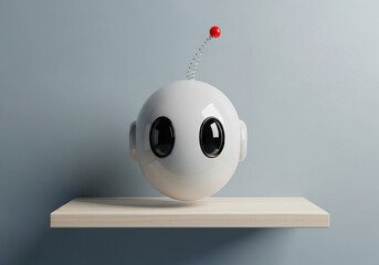 Cute futuristic robot head with big expressive eyes and antenna on a simple shelf