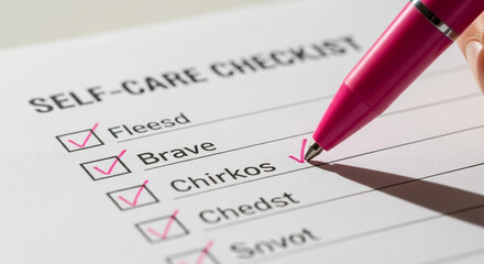 Obraz premium Pink Pen Checks Self-Care Checklist Focusing on Mental Well-being and Self-Improvement.
